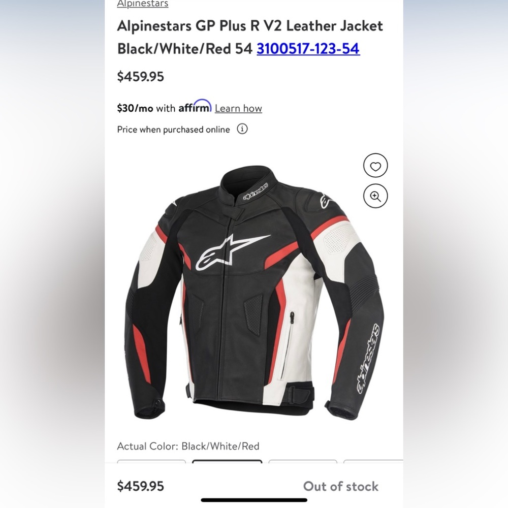 Alpinestars GP Plus R V2 Leather Jacket Black/White/Red size Large